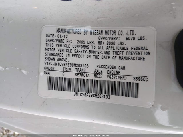 44794773 :رقم المزاد ، JN1CV6FE9CM203103 vin ، 2012 Infiniti G37 مزاد بيع