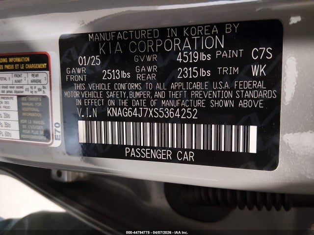 44794775 :رقم المزاد ، KNAG64J7XS5364252 vin ، 2025 Kia K5 Gt-line مزاد بيع