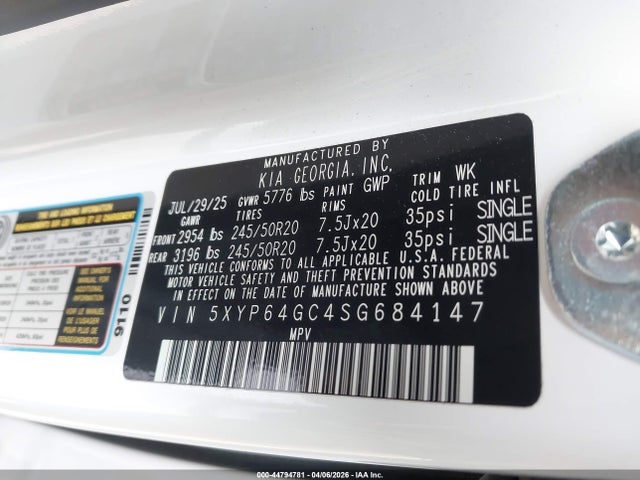 Aukcja sprzedaży 2025 Kia Telluride S, vin: 5XYP64GC4SG684147, numer aukcji: 44794781