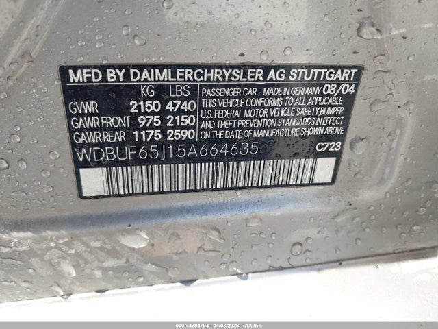 44794794 :رقم المزاد ، WDBUF65J15A664635 vin ، 2005 Mercedes-benz E 320 مزاد بيع