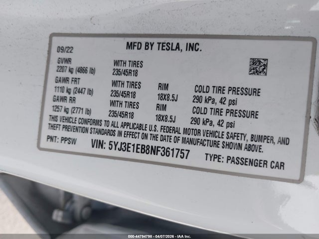 Aukcja sprzedaży 2022 Tesla Model 3 Long Range Dual Motor All-wheel Drive, vin: 5YJ3E1EB8NF361757, numer aukcji: 44794798