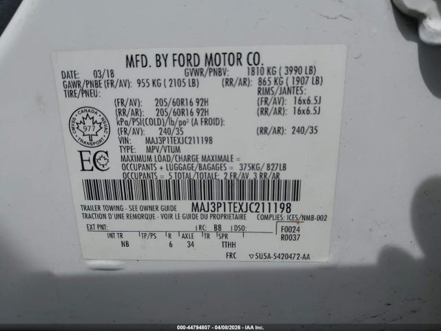 Auction sale of the 2018 Ford Ecosport Se, vin: MAJ3P1TEXJC211198, lot number: 44794807
