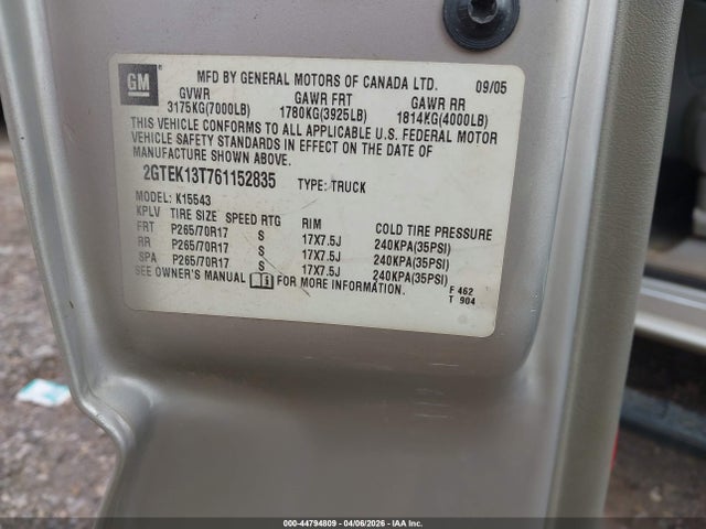 44794809 :رقم المزاد ، 2GTEK13T761152835 vin ، 2006 Gmc Sierra 1500 Slt مزاد بيع