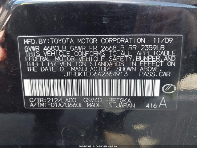 Aukcja sprzedaży 2010 Lexus Es 350, vin: JTHBK1EG6A2364913, numer aukcji: 44794811