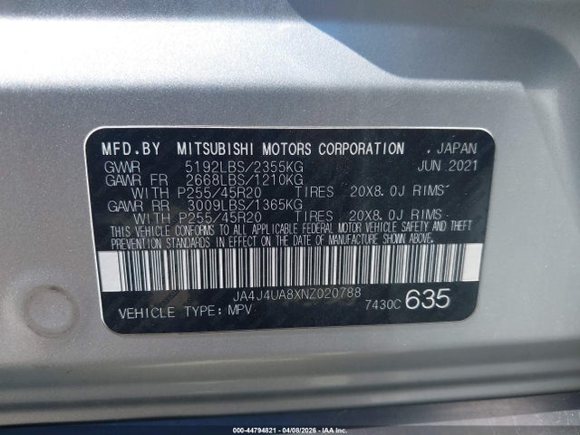 Aukcja sprzedaży 2022 Mitsubishi Outlander, vin: JA4J4UA8XNZ020788, numer aukcji: 44794821
