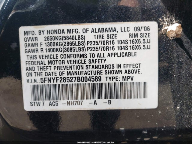 2007 HONDA PILOT 5FNYF28527B004589 Photo 8