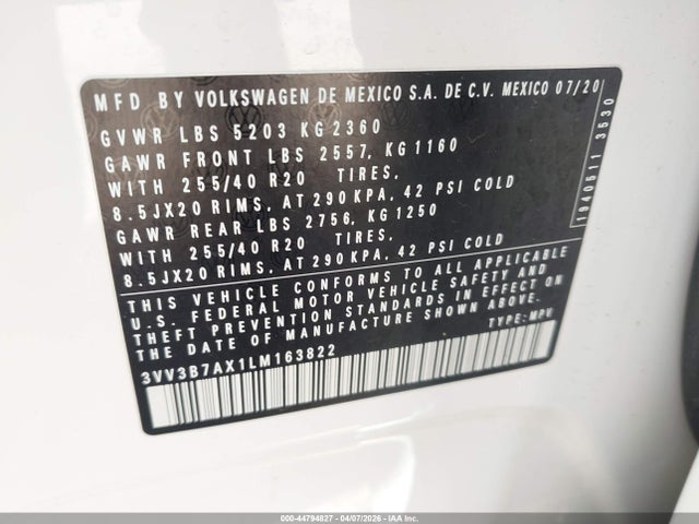 Продаж на аукціоні авто 2020 Volkswagen Tiguan 2.0t Se/2.0t Se R-line Black/2.0t Sel, vin: 3VV3B7AX1LM163822, номер лоту: 44794827
