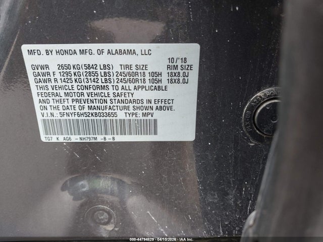 Продаж на аукціоні авто 2019 Honda Pilot Ex-l, vin: 5FNYF6H52KB033655, номер лоту: 44794829