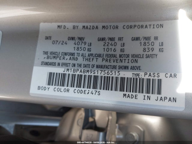 2025 Mazda Mazda3 2.5 S Select Sport მანქანა იყიდება აუქციონზე, vin: JM1BPABM9S1756515, აუქციონის ნომერი: 44794839