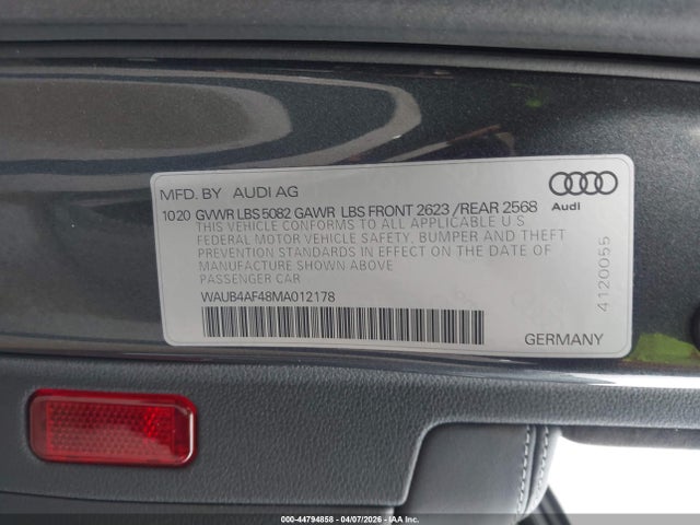 44794858 :رقم المزاد ، WAUB4AF48MA012178 vin ، 2021 Audi S4 Premium Plus Tfsi Quattro Tiptronic مزاد بيع