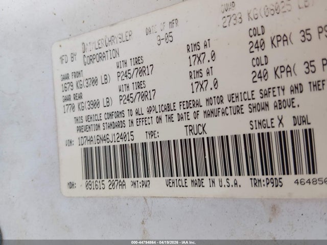 Продажа на аукционе авто 2006 Dodge Ram 1500 St, vin: 1D7HA16N46J124015, номер лота: 44794864