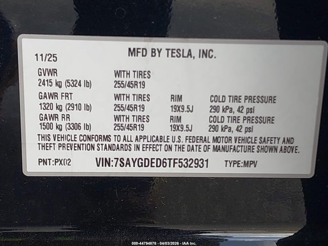 Продажа на аукционе авто 2026 Tesla Model Y Premium Rear-wheel Drive/standard Rear-wheel Drive, vin: 7SAYGDED6TF532931, номер лота: 44794878