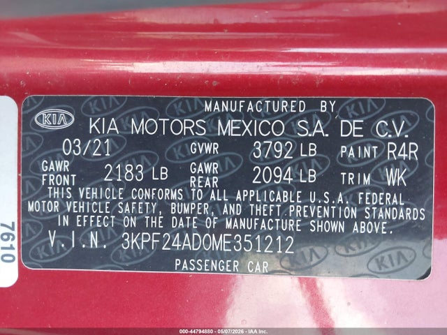 Aukcja sprzedaży 2021 Kia Forte Lxs, vin: 3KPF24AD0ME351212, numer aukcji: 44794880