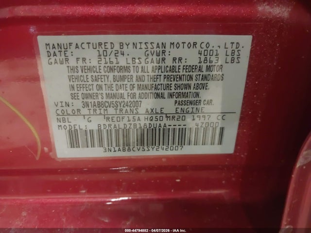 44794882 :رقم المزاد ، 3N1AB8CV5SY242007 vin ، 2025 Nissan Sentra Sv مزاد بيع