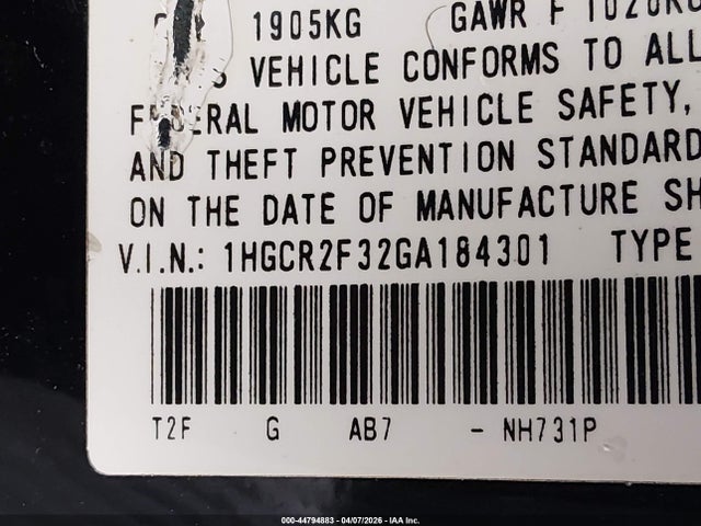 44794883 :رقم المزاد ، 1HGCR2F32GA184301 vin ، 2016 Honda Accord Lx مزاد بيع