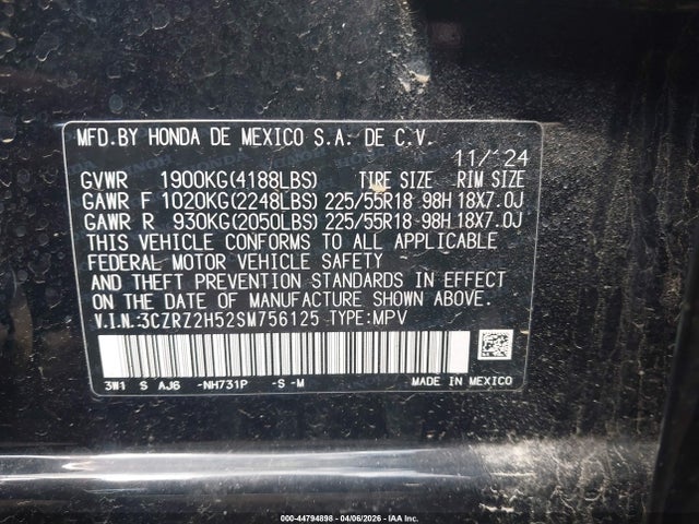 44794898 :رقم المزاد ، 3CZRZ2H52SM756125 vin ، 2025 Honda Hr-v Awd Sport مزاد بيع