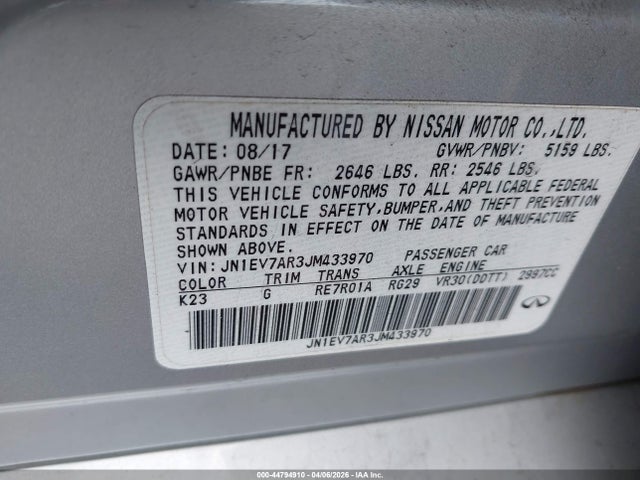 2018 Infiniti Q50 3.0t Sport მანქანა იყიდება აუქციონზე, vin: JN1EV7AR3JM433970, აუქციონის ნომერი: 44794910