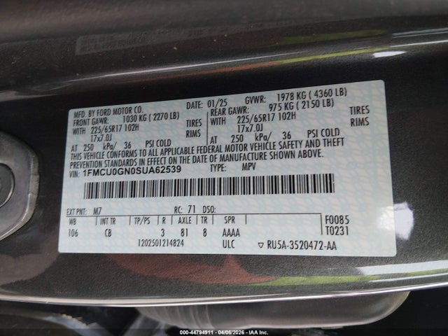 44794911 :رقم المزاد ، 1FMCU0GN0SUA62539 vin ، 2025 Ford Escape Active مزاد بيع