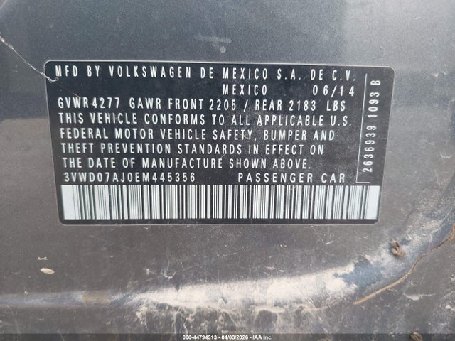 2014 Volkswagen Jetta 1.8t Se მანქანა იყიდება აუქციონზე, vin: 3VWD07AJ0EM445356, აუქციონის ნომერი: 44794913