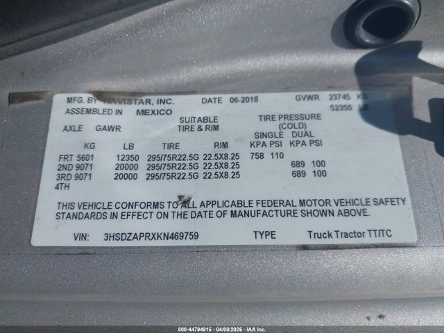 Продажа на аукционе авто 2019 International Lt, vin: 3HSDZAPRXKN469759, номер лота: 44794915