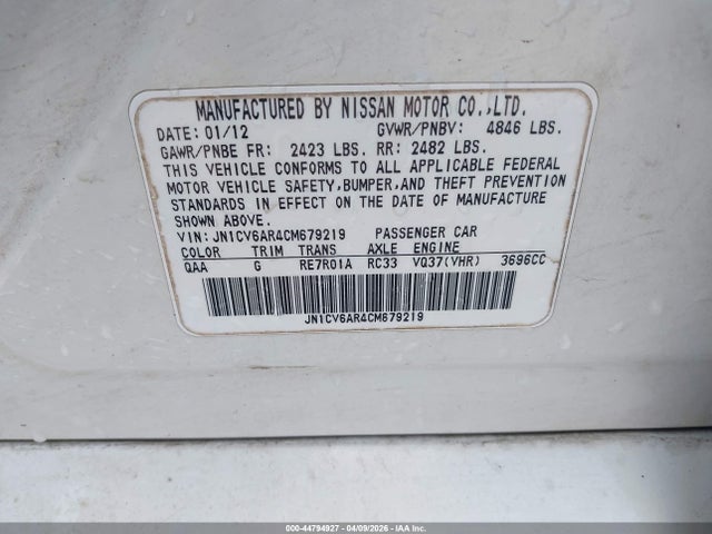 Aukcja sprzedaży 2012 Infiniti G37x, vin: JN1CV6AR4CM679219, numer aukcji: 44794927