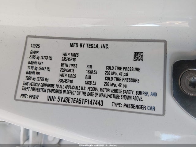 Auction sale of the 2026 Tesla Model 3 Premium Rear-wheel Drive/standard Rear-wheel Drive, vin: 5YJ3E1EA5TF147443, lot number: 44794954