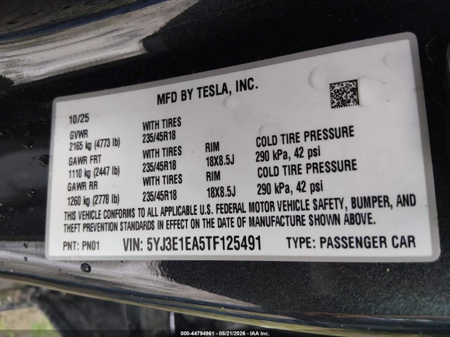 Aukcja sprzedaży 2026 Tesla Model 3 Premium Rear-wheel Drive/standard Rear-wheel Drive, vin: 5YJ3E1EA5TF125491, numer aukcji: 44794961
