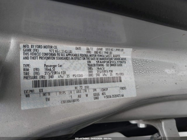 44794963 :رقم المزاد ، 1FAHP3K21CL175672 vin ، 2012 Ford Focus Se مزاد بيع