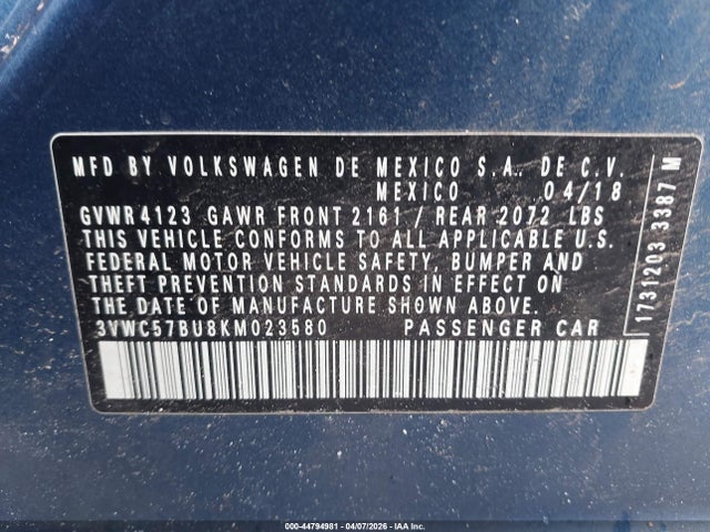 44794981 :رقم المزاد ، 3VWC57BU8KM023580 vin ، 2019 Volkswagen Jetta 1.4t R-line/1.4t S/1.4t Se مزاد بيع