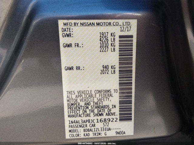 44794992 :رقم المزاد ، 1N4AL3AP8JC168922 vin ، 2018 Nissan Altima 2.5 Sv مزاد بيع
