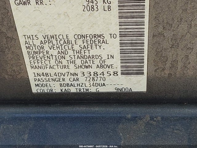44794997 :رقم المزاد ، 1N4BL4DV7NN338458 vin ، 2022 Nissan Altima Sv Fwd مزاد بيع