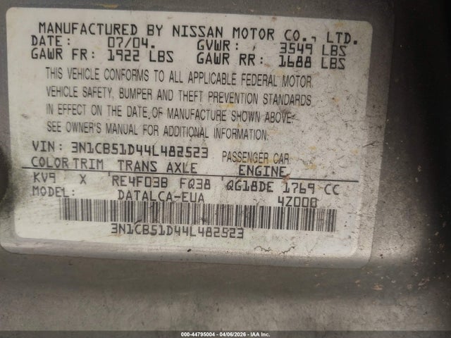 Продаж на аукціоні авто 2004 Nissan Sentra 1.8, vin: 3N1CB51D44L482523, номер лоту: 44795004