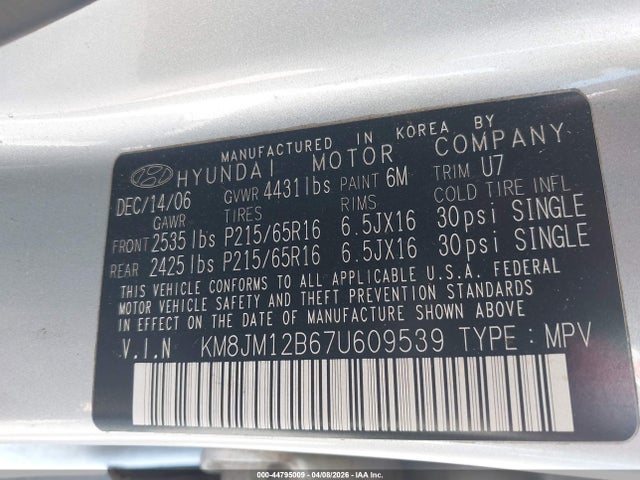 2007 HYUNDAI TUCSON KM8JM12B67U609539 Photo 8