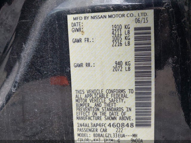 Nissan Altima 2.5 S 2015 1N4AL3AP4FC460848 Image 9