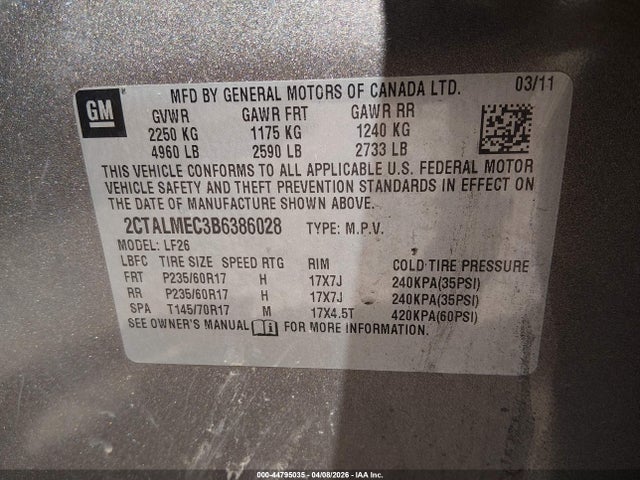 44795035 :رقم المزاد ، 2CTALMEC3B6386028 vin ، 2011 Gmc Terrain Sle-1 مزاد بيع