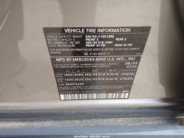 2006 Mercedes-benz Ml 500 4matic მანქანა იყიდება აუქციონზე, vin: 4JGBB75E76A030773, აუქციონის ნომერი: 44795044
