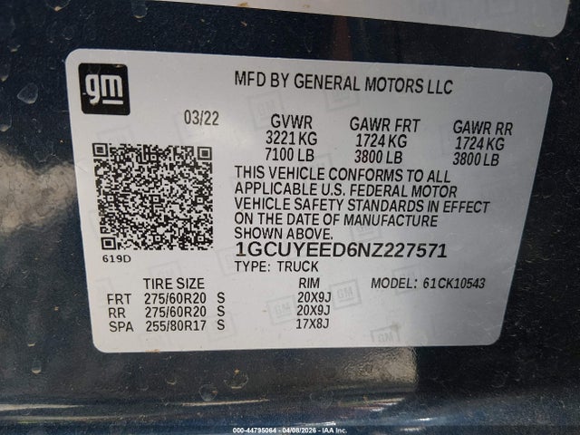 44795064 :رقم المزاد ، 1GCUYEED6NZ227571 vin ، 2022 Chevrolet Silverado 1500 Ltd 4wd  Short Bed Rst مزاد بيع