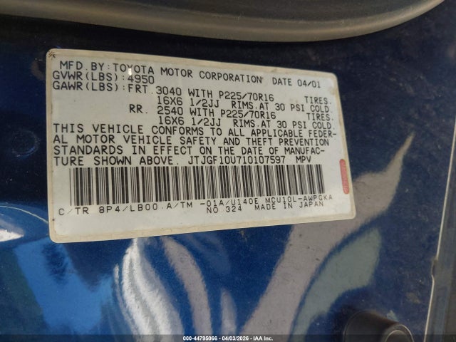 44795066 :رقم المزاد ، JTJGF10U710107597 vin ، 2001 Lexus Rx 300 مزاد بيع