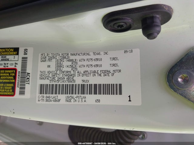 2019 Toyota Tundra Limited 5.7l V8 მანქანა იყიდება აუქციონზე, vin: 5TFHY5F1XKX788658, აუქციონის ნომერი: 44795067