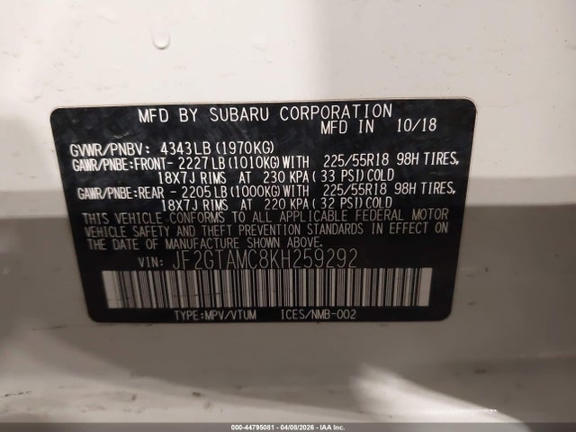 Aukcja sprzedaży 2019 Subaru Crosstrek 2.0i Limited, vin: JF2GTAMC8KH259292, numer aukcji: 44795081