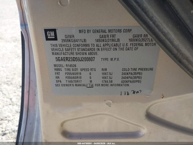 Aukcja sprzedaży 2009 Buick Enclave Cxl, vin: 5GAER23D59J200807, numer aukcji: 44795091