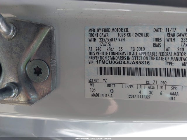 1FMCU0GD8JUA85816 Ford ESCAPE SE
