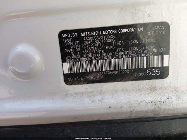 Продаж на аукціоні авто 2019 Mitsubishi Eclipse Cross Es, vin: JA4AT3AA8KZ022017, номер лоту: 44795097