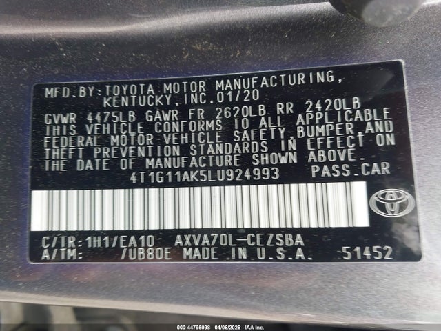 Aukcja sprzedaży 2020 Toyota Camry Se, vin: 4T1G11AK5LU924993, numer aukcji: 44795098