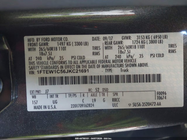 Продажа на аукционе авто 2018 Ford F-150 Xlt, vin: 1FTEW1C56JKC21691, номер лота: 44795101