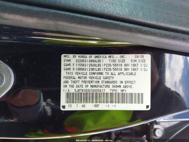 Aukcja sprzedaży 2007 Acura Rdx, vin: 5J8TB18207A005417, numer aukcji: 44795111