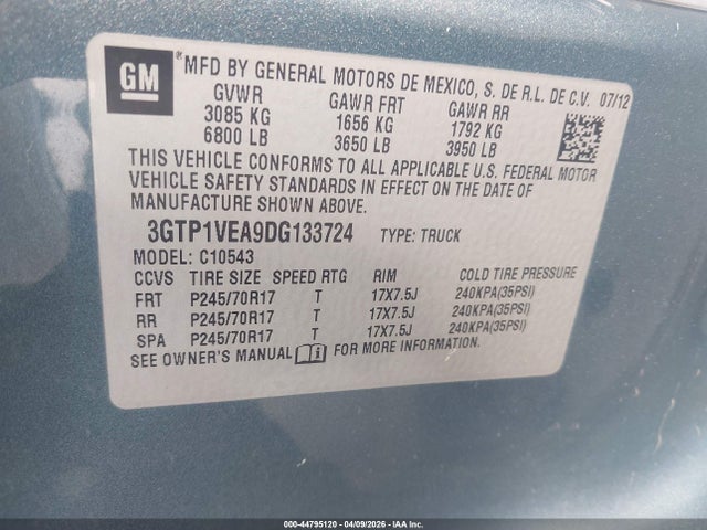 44795120 :رقم المزاد ، 3GTP1VEA9DG133724 vin ، 2013 Gmc Sierra 1500 Sle مزاد بيع