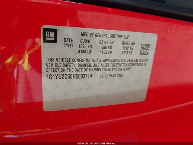 44795126 :رقم المزاد ، 1G1YU2D65H5603714 vin ، 2017 Chevrolet Corvette Z06 مزاد بيع