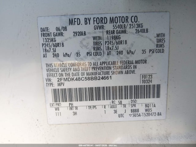 Продажа на аукционе авто 2008 Ford Edge Sel, vin: 2FMDK48C58BB24661, номер лота: 44795141