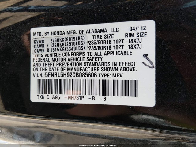 Aukcja sprzedaży 2012 Honda Odyssey Touring/touring Elite, vin: 5FNRL5H92CB085606, numer aukcji: 44795148